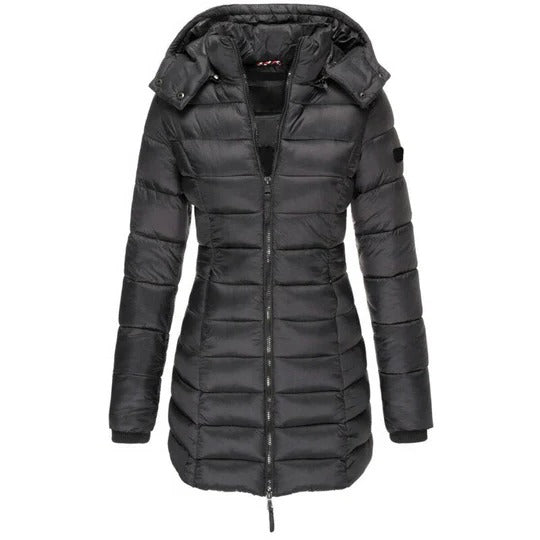 Cream padded down jacket with hood and front zipper closure for fall winter