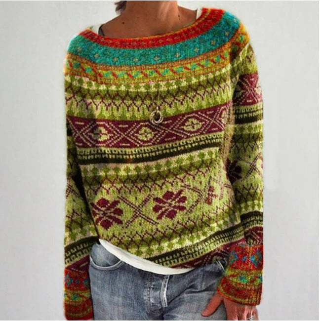 Women's cozy forest pattern pullover relaxed fit sweater with modern everyday casual design