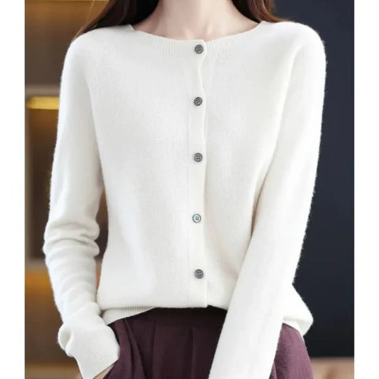Women's fuzzy cardigan in cozy knit with V-neck button placket, long sleeves for everyday layering