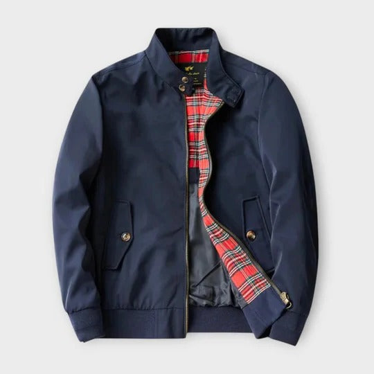 Men's lightweight plaid-lined transitional jacket with front zipper, versatile everyday outerwear