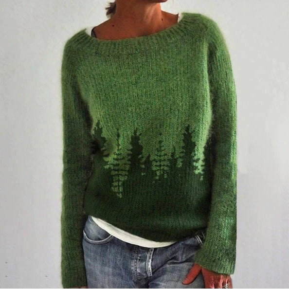 Women's cozy forest pattern pullover relaxed fit sweatshirt with modern everyday casual design