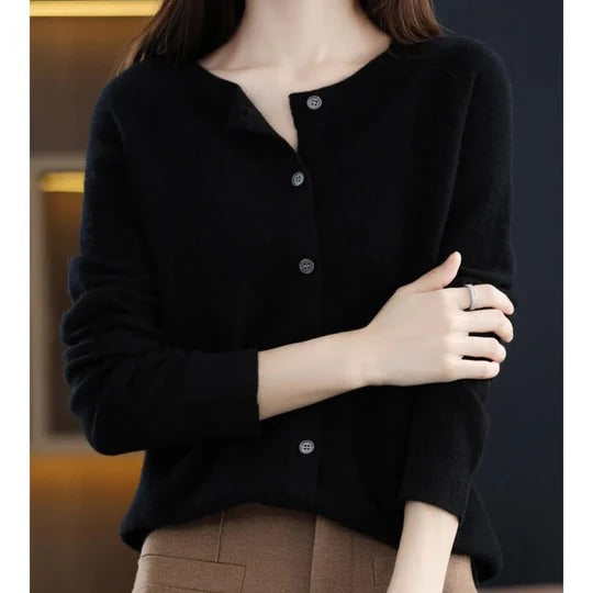 Women's fuzzy cardigan in cozy knit with V-neck button placket, long sleeves for versatile everyday layering