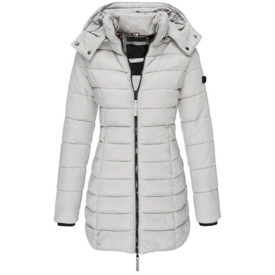 Black hooded down jacket with padded insulation, front zipper closure, structured cold-weather silhouette