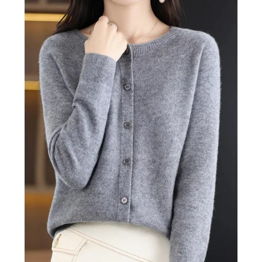 Women's fuzzy cardigan in cozy knit, V-neck button placket, long sleeves, versatile everyday layering style