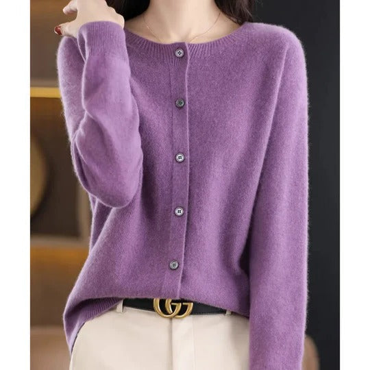 Women's fuzzy cardigan in cozy knit with V-neck button placket for everyday layering