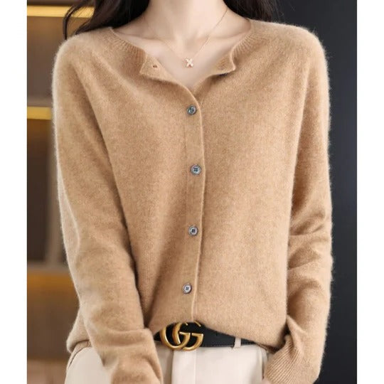 Women's fuzzy cardigan in cozy knit with V-neck button placket, long sleeves for everyday layering