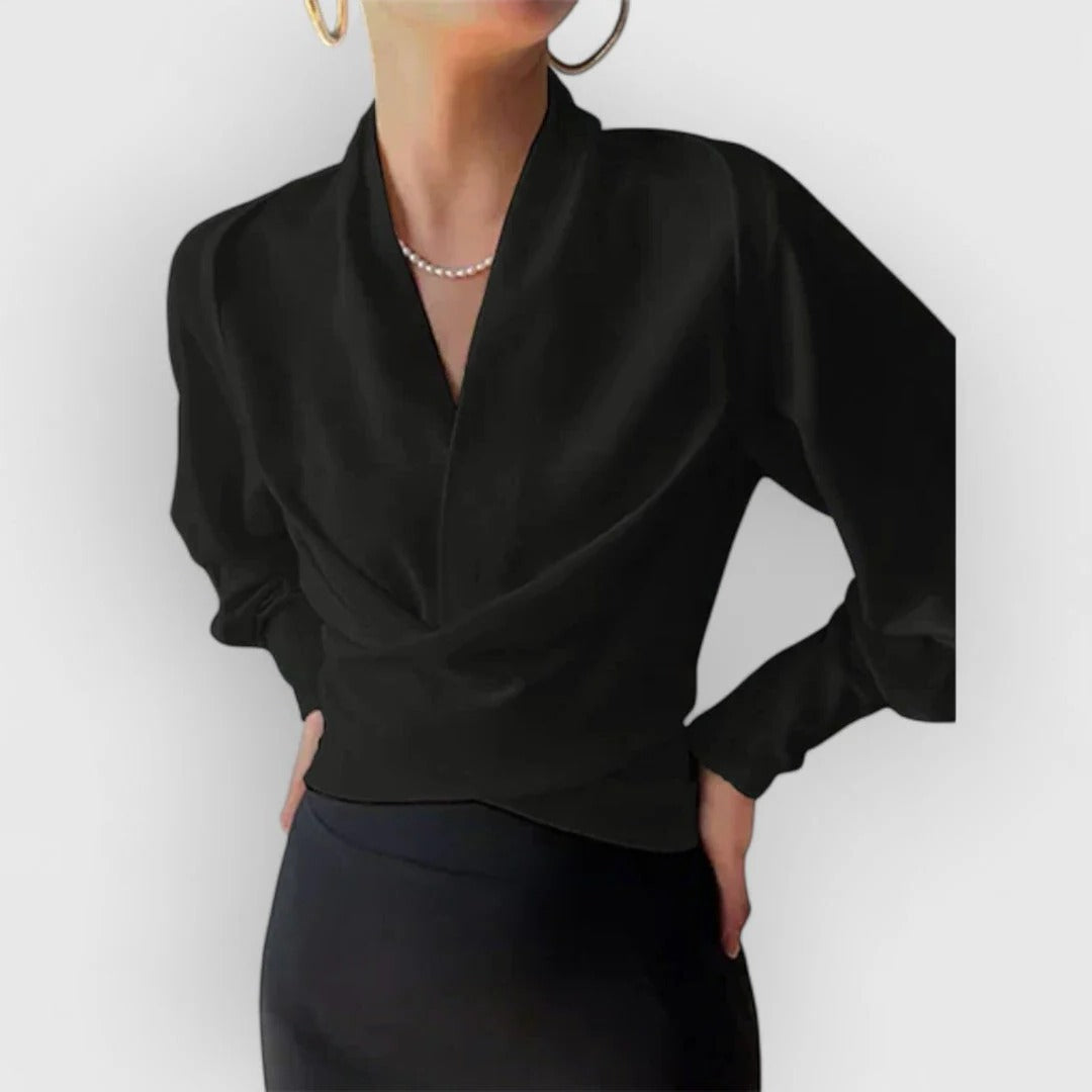 Women's ivory wrap blouse with puff sleeves tailored office-ready silhouette