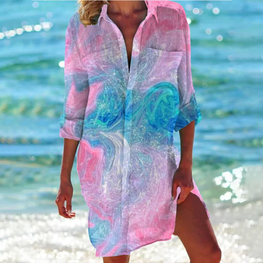 Women's tropical print shirt dress 3/4 sleeve relaxed fit coral botanical watercolor beach cover-up