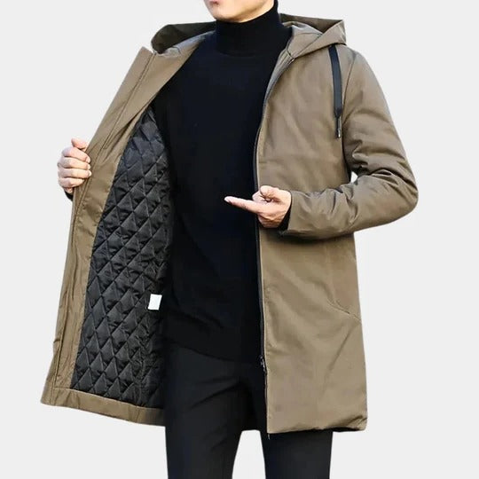 Men's long regular-fit coat with quilted lining, full-length coverage for all-season versatile wear
