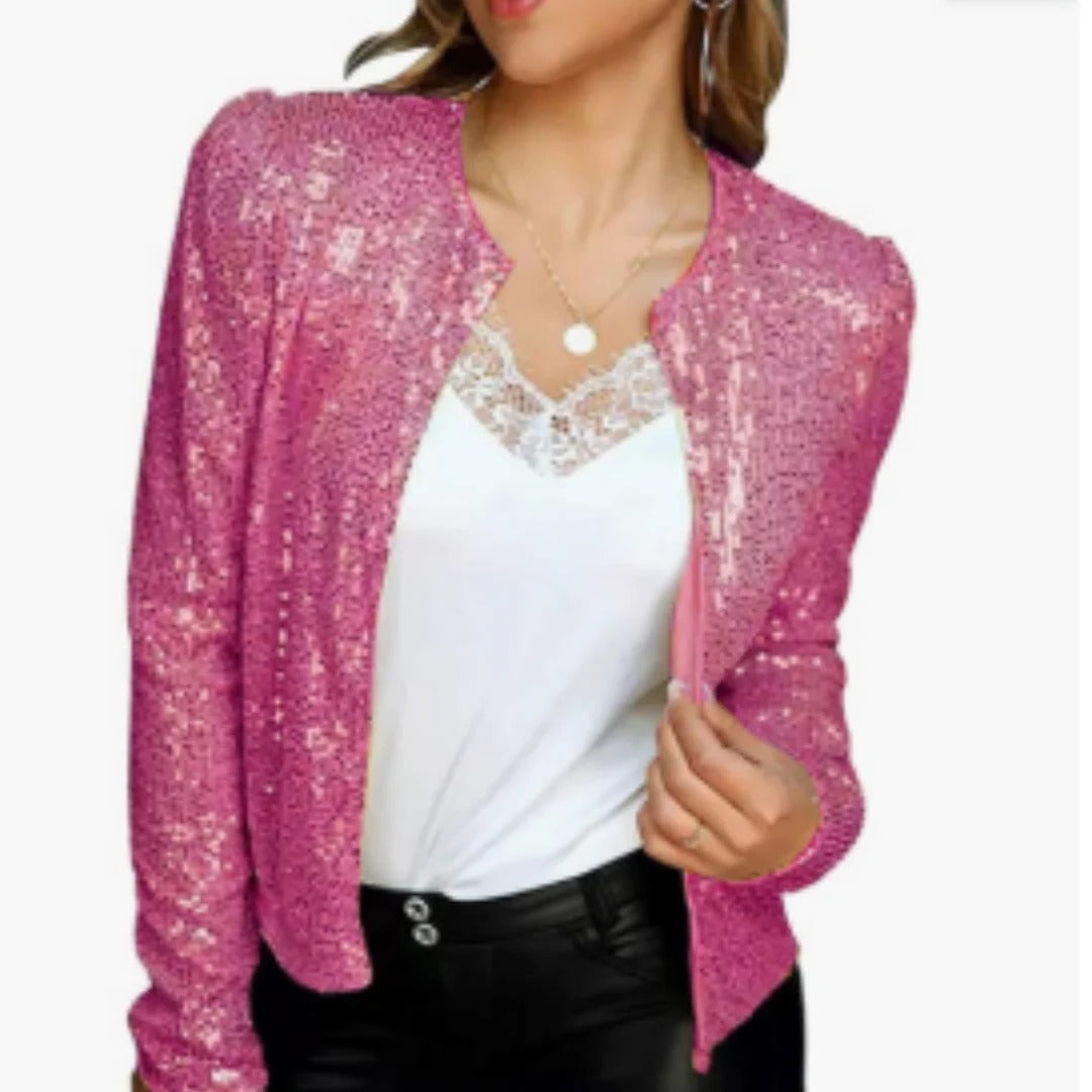 Women's black sequin cropped party jacket with all-over shimmer, lightweight evening layer