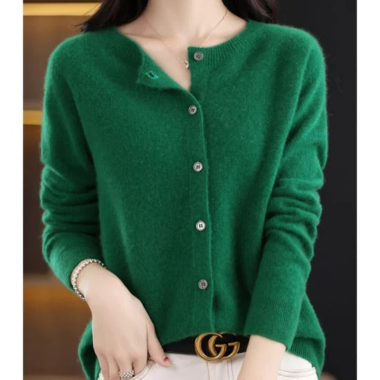 Women's fuzzy cardigan in cozy knit with V-neck button placket, long sleeves for everyday layering