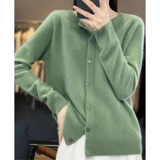 Women's fuzzy cardigan in cozy knit with V-neck button placket, long sleeves for everyday layering