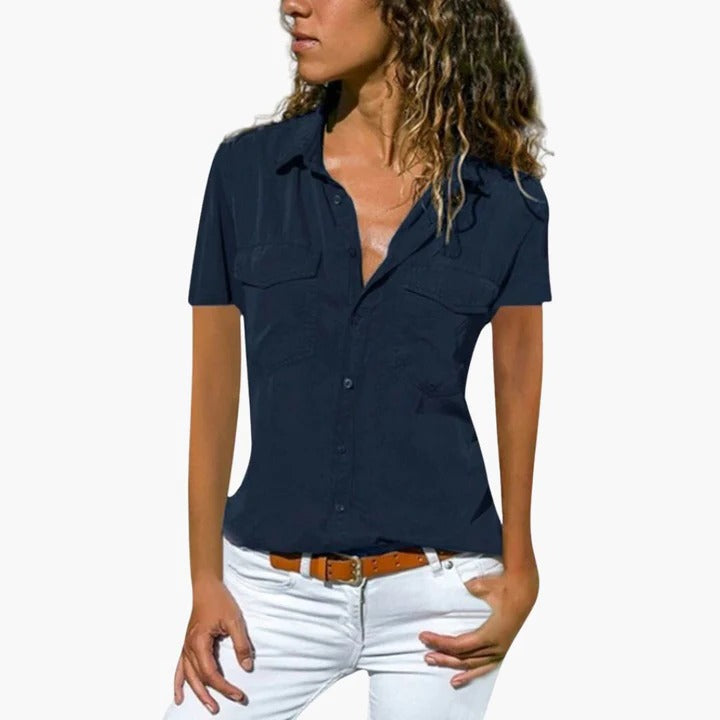 Charcoal grey short sleeve button-down blouse with classic collar and twin chest pockets relaxed fit