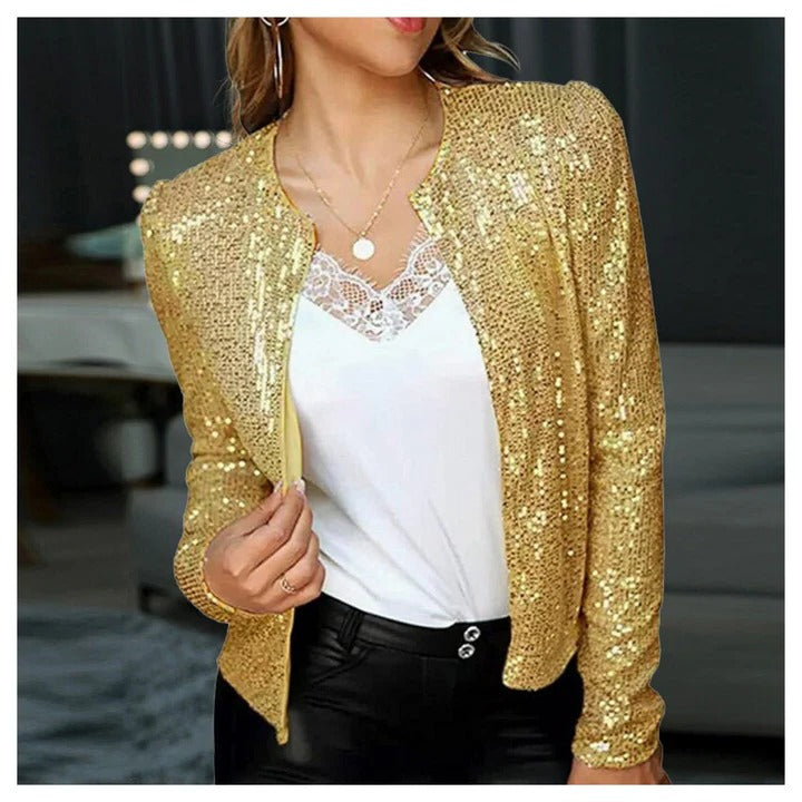 Women's black sequin cropped party jacket with all-over shimmer finish, evening-ready silhouette