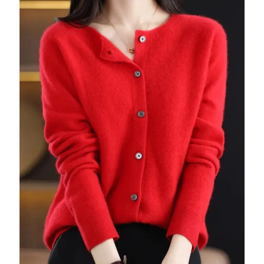 Women's fuzzy cardigan in cozy knit with V-neck button placket, long sleeves for everyday layering