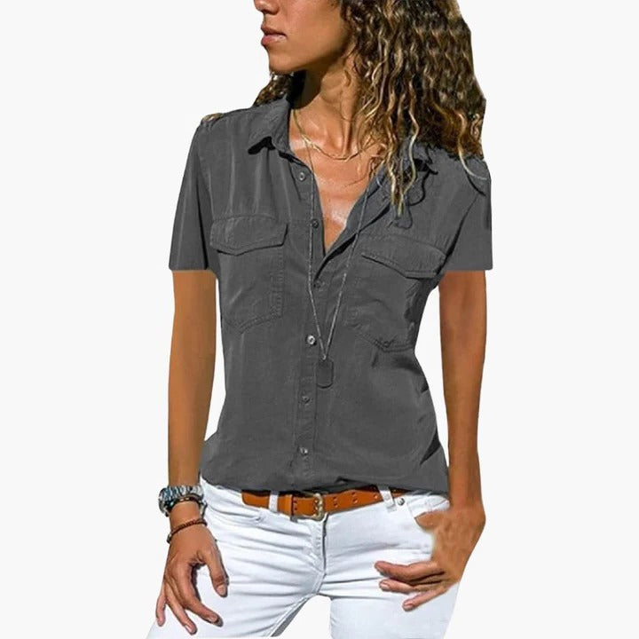 Charcoal grey short sleeve button-down blouse with shirt collar and twin chest pockets relaxed fit