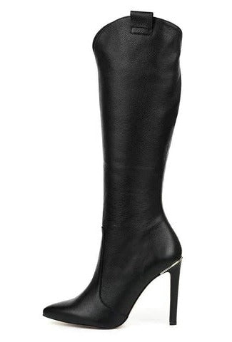 Women's black mid-calf boots with sleek silhouette and convenient side zipper closure