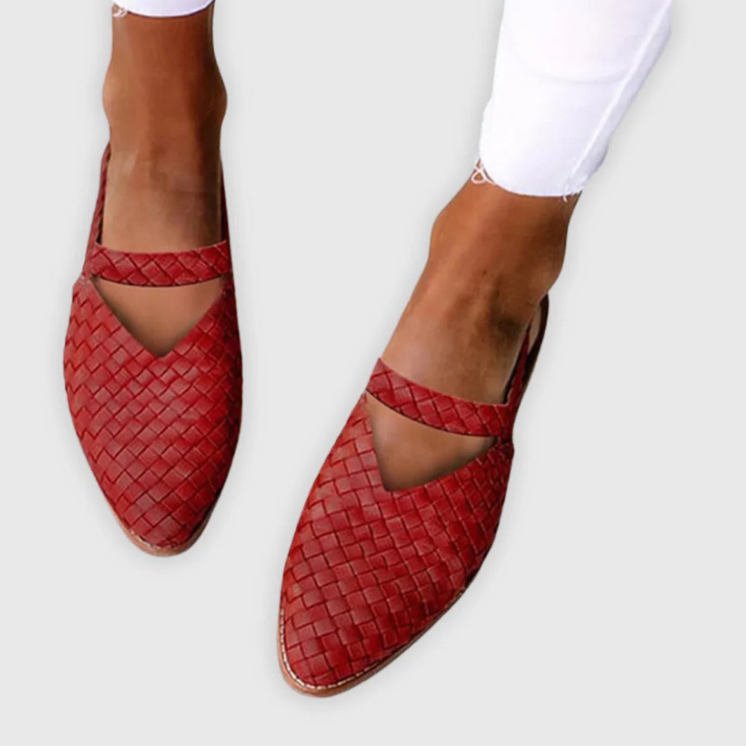 Women's woven open-toe sandals in neutral tan, featuring interlaced upper design for breathable summer style