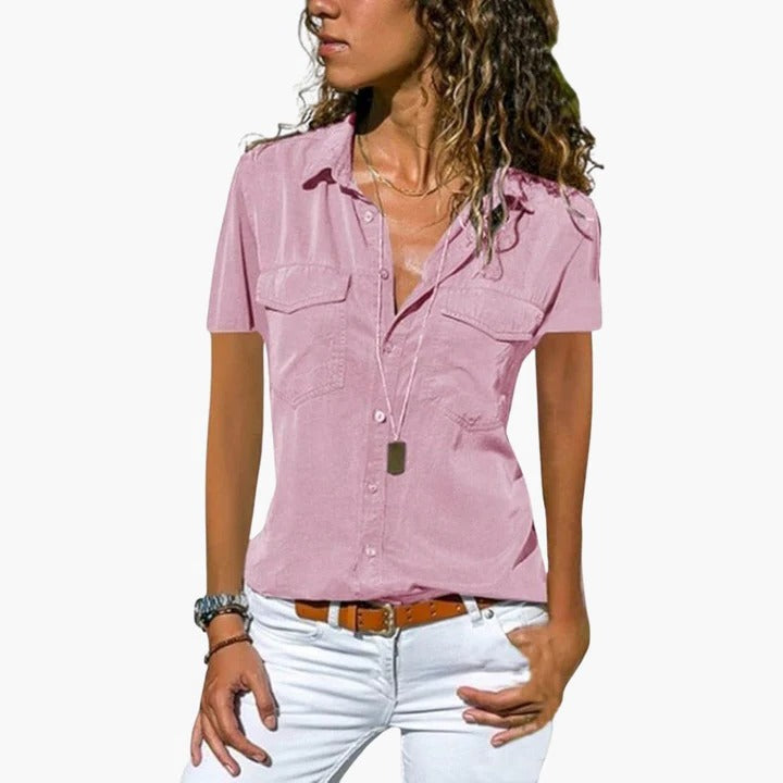 Charcoal grey short sleeve button-down blouse with shirt collar and twin chest pockets relaxed fit