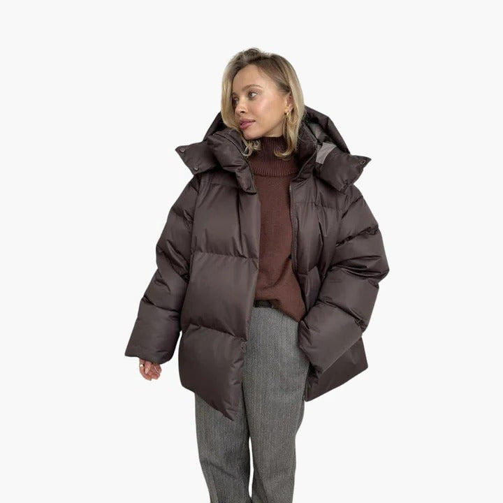 Women's lightweight puffer jacket in neutral tone, regular-fit hip-length silhouette with front zipper