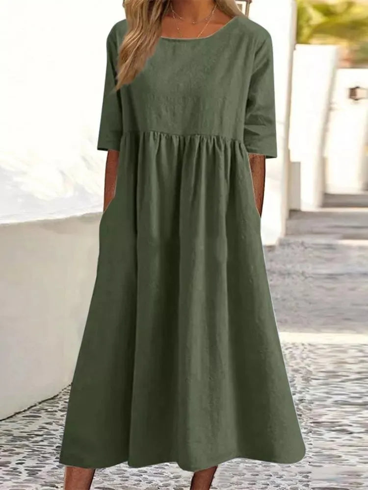 Floral spring midi dress in vibrant colors, flowy A-line silhouette with elegant ruffle hem detail