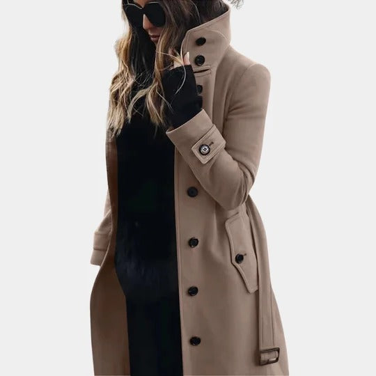 Women's insulated full-length trench coat in black or dark gray with adjustable belt for cold weather