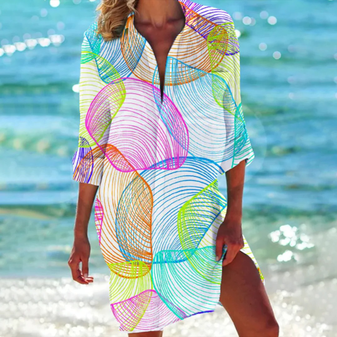 Women's tropical print shirt dress 3/4 sleeve in coral botanical watercolor blues pinks greens beach cover-up