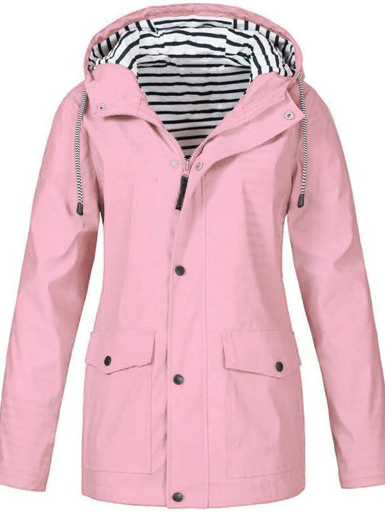 Lightweight zip-up jacket for spring outdoor wear with full-length front closure and unrestricted fit