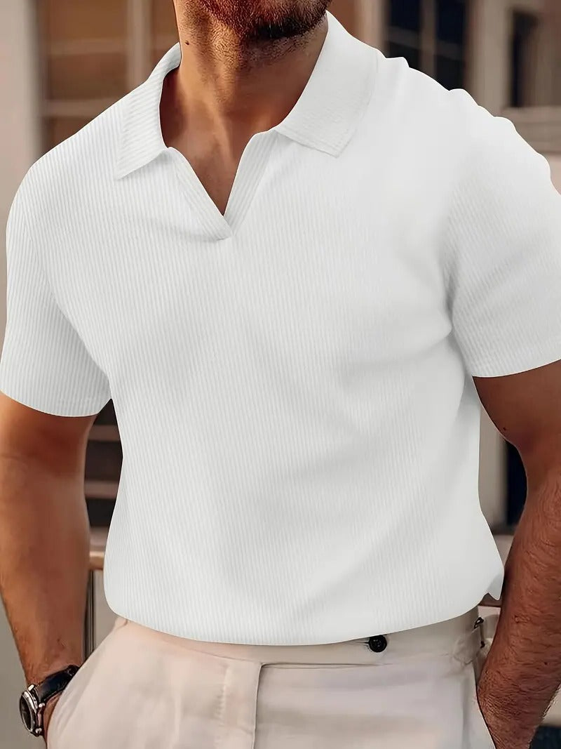 Men's light grey waffle knit polo shirt short sleeve relaxed fit with textured finish