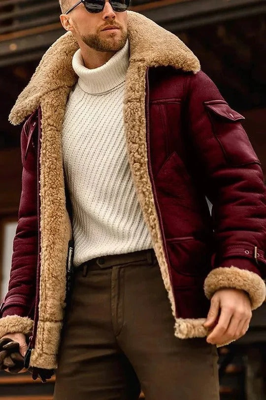Men's camel faux shearling insulated jacket regular fit zip closure cold weather everyday warmth