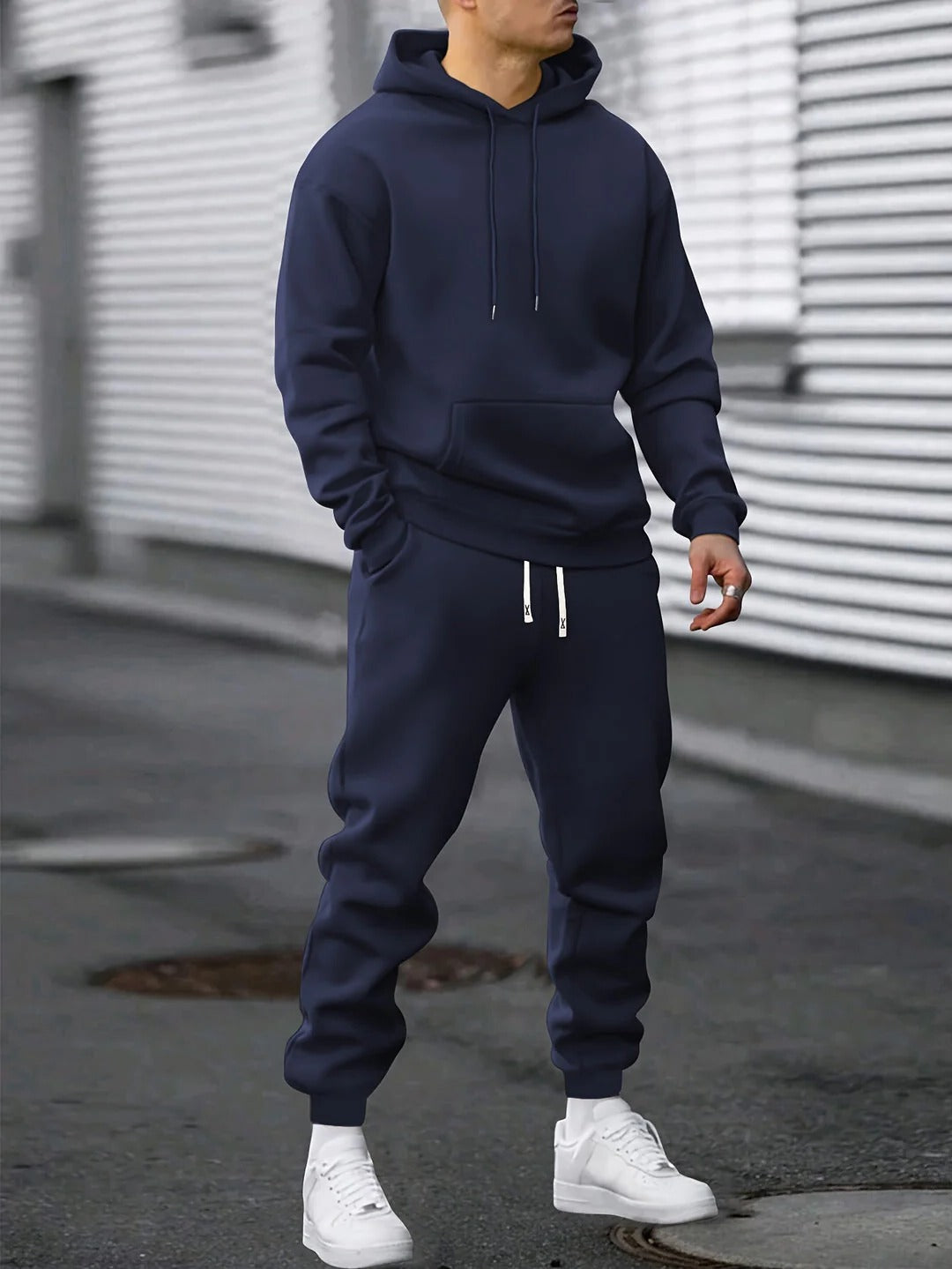 Men's gray fleece hoodie and jogger matching tracksuit set with drawstring waist for gym and lounge
