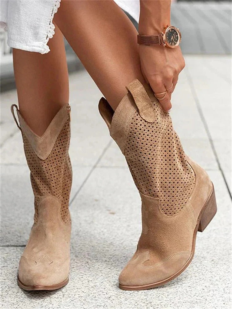 Women's mid-calf cowboy boots with side zipper closure, structured silhouette for everyday wear