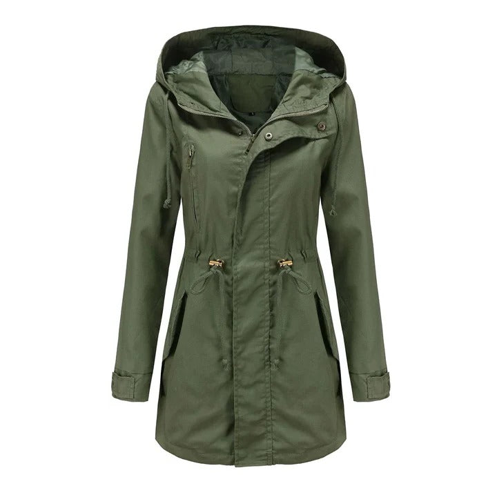 Charcoal long mackintosh coat structured cut below-hip length weather-resistant layering essential