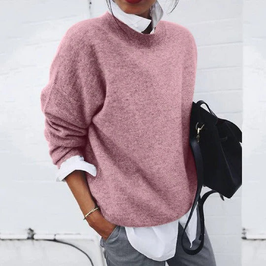 Neutral crew neck pullover sweater relaxed fit stretchy casual layering everyday essential