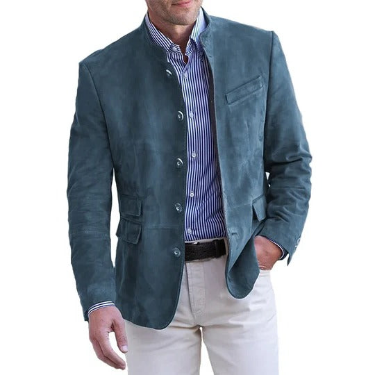 Men's long-cut structured button-down jacket neutral tone classic layering office-to-weekend silhouette