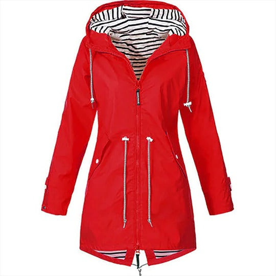 Women's long Mackintosh raincoat in classic style with adjustable hood and waterproof fitted silhouette