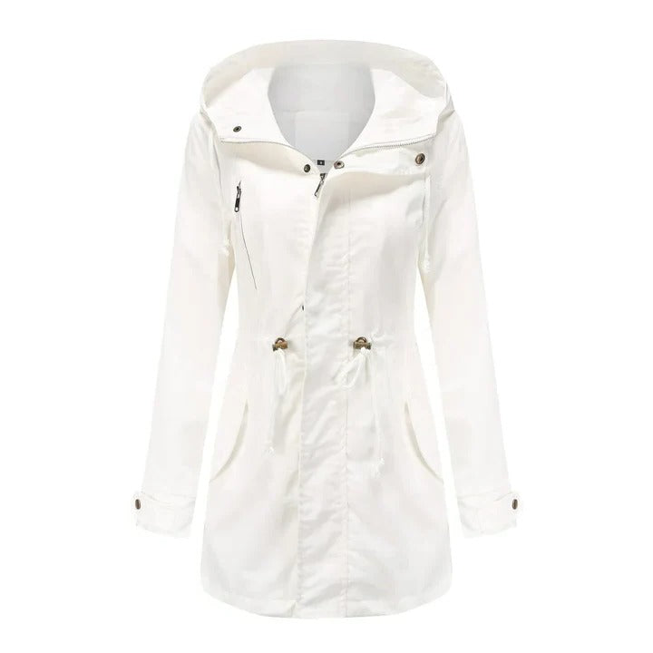 Charcoal long mackintosh coat structured cut below-hip length weather-resistant layering outerwear