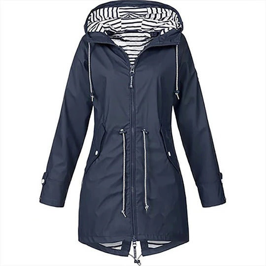 Women's long Mackintosh raincoat in classic style with adjustable hood and waterproof fitted silhouette