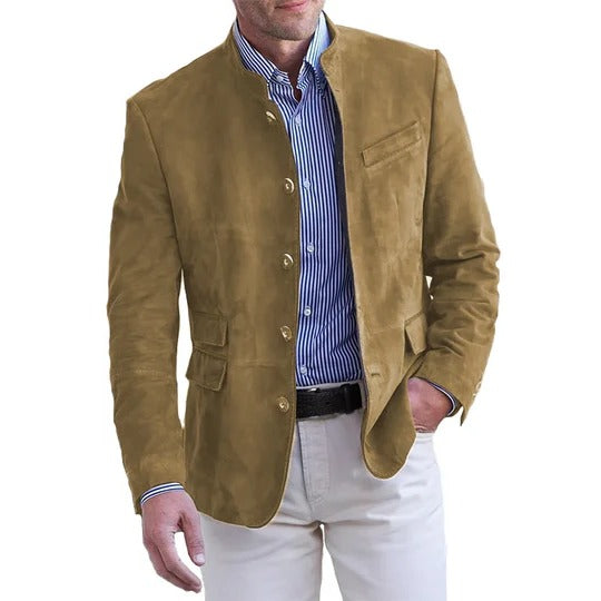 Men's long-cut structured button-down jacket neutral tone tailored seams office-to-weekend versatile layer
