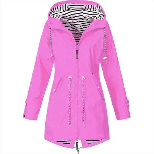 Women's long Mackintosh raincoat in classic style with adjustable hood and waterproof fitted silhouette