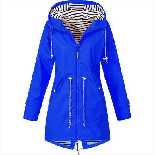 Women's long Mackintosh raincoat in classic fit with adjustable hood and waterproof full-length design