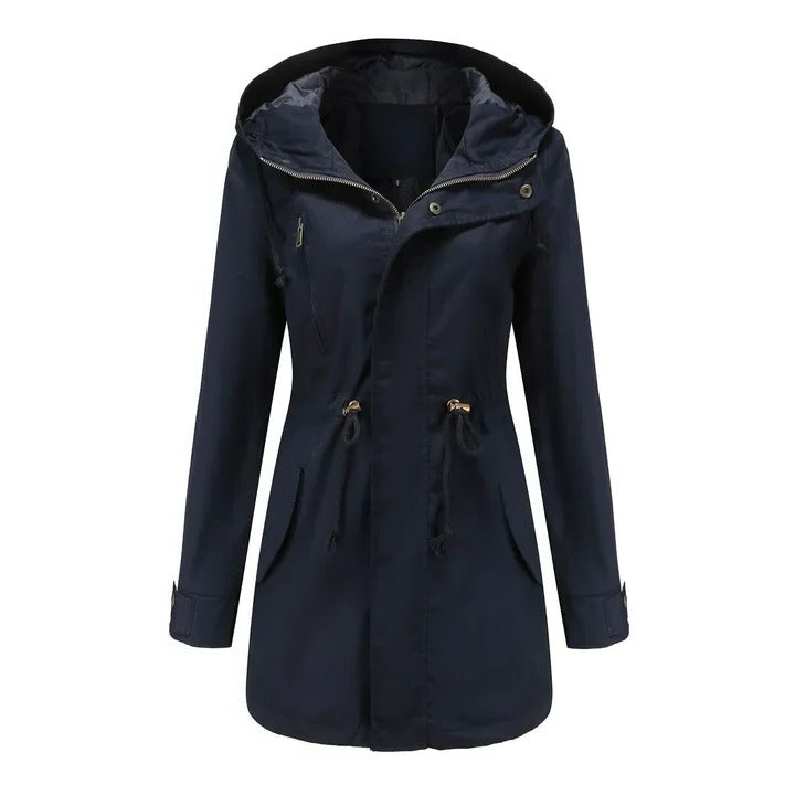 Charcoal long mackintosh coat structured cut below-hip length weatherproof layering essential
