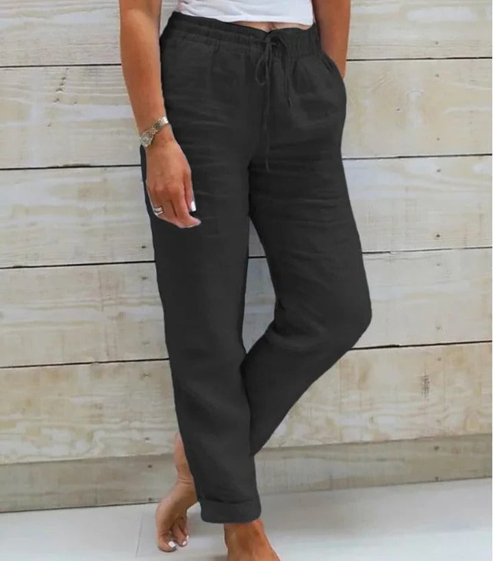 Women's relaxed straight-cut casual pants with drawstring waist in neutral everyday style