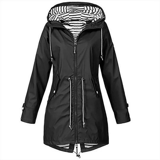 Women's long mackintosh raincoat in classic style with adjustable hood and waterproof fitted silhouette