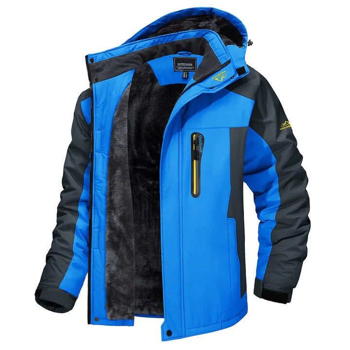 Men's weatherproof outdoor jacket with thermal lining, ergonomic cut, and zippered pockets for trail use