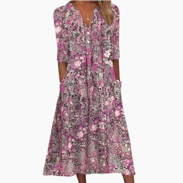 Flowy boho midi dress in soft tones, A-line silhouette with relaxed free-spirited style for warm days