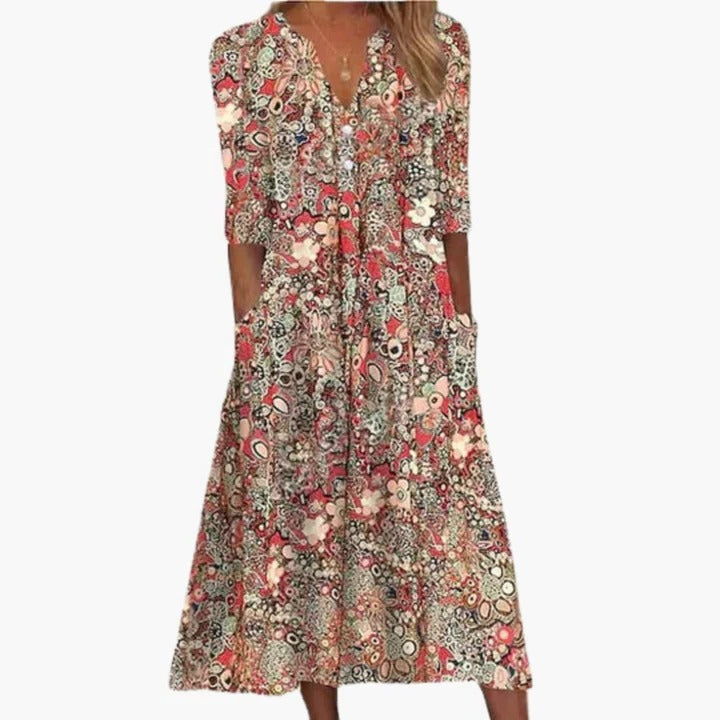 Women's boho midi dress in flowy A-line silhouette with free-spirited warm-weather style