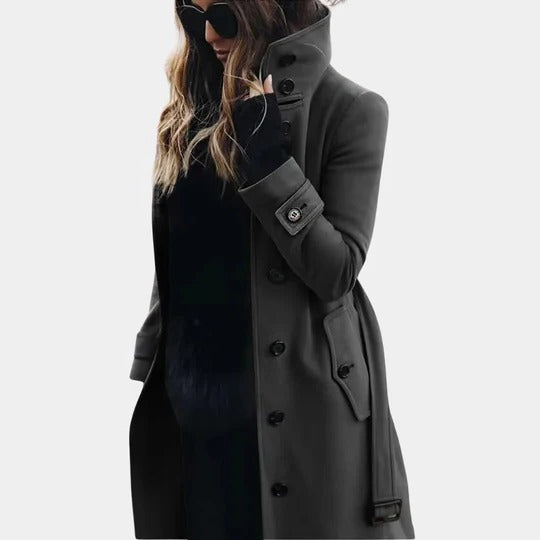 Women's full-length insulated trench coat in black or dark gray with adjustable belt for cold weather