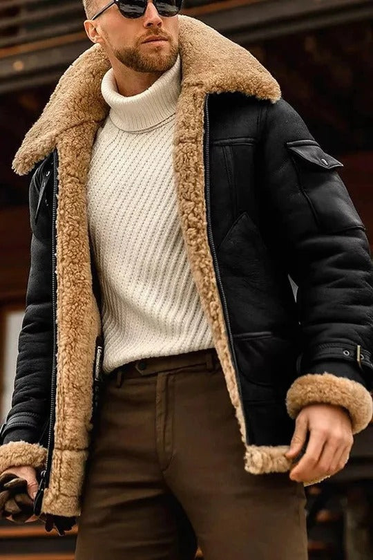 Men's camel faux shearling insulated jacket regular fit zip closure cold weather everyday style