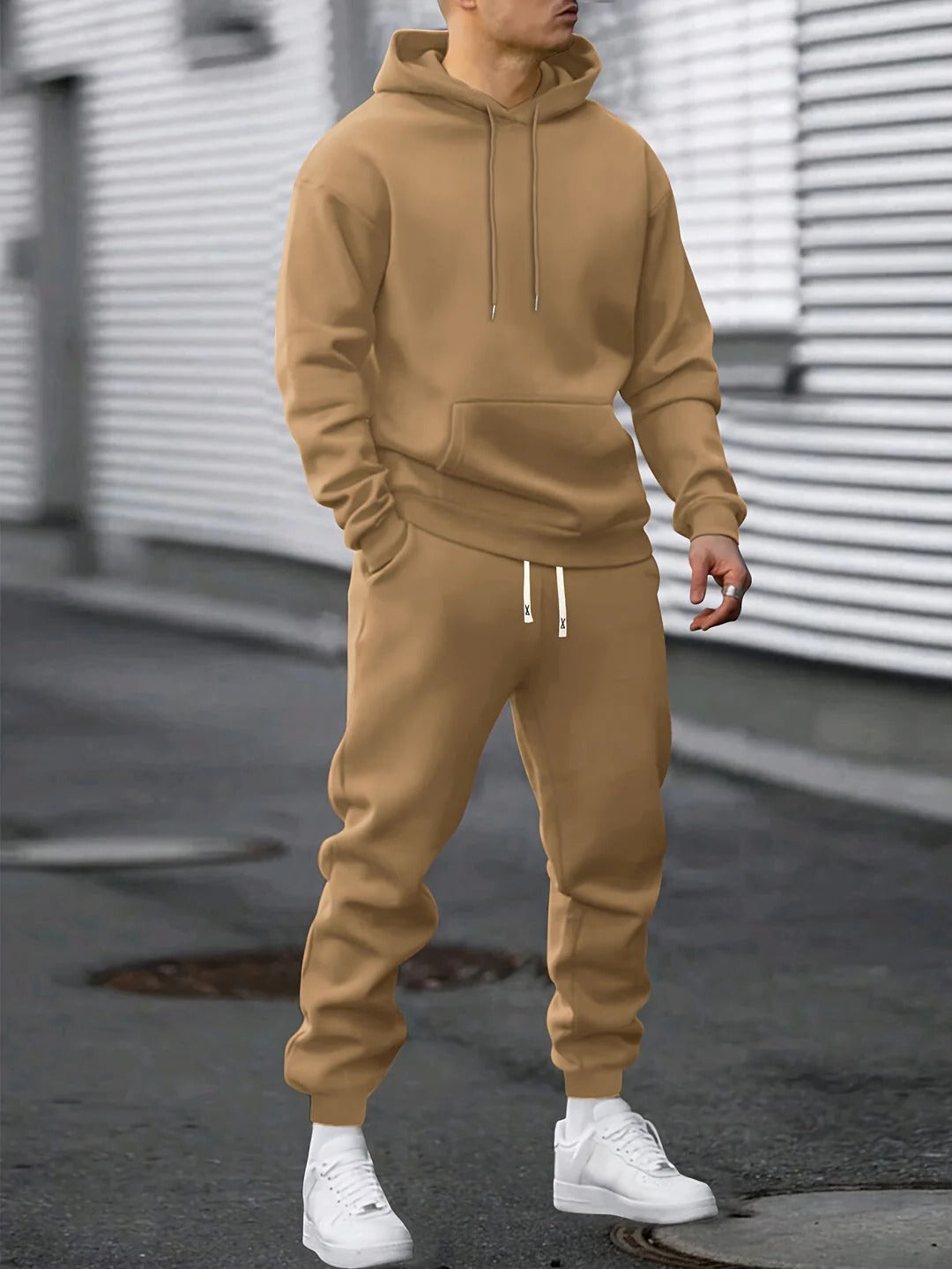 Men's fleece tracksuit set hoodie and jogger solid color premium fabric workout lounge wear